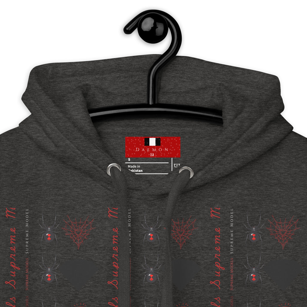 Unisex charcoal heather cotton hoodie featuring Supreme Models Elemental Powers design by Daemon Luxury, close-up view.