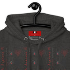 Unisex charcoal heather cotton hoodie featuring Supreme Models Elemental Powers design by Daemon Luxury, close-up view.