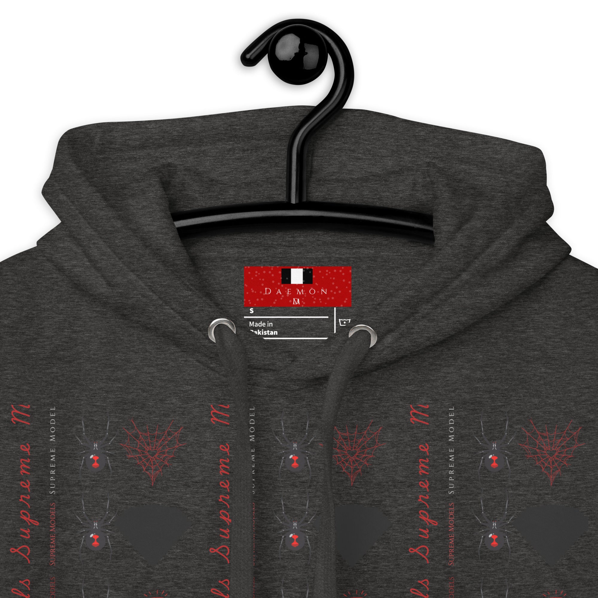Unisex charcoal heather cotton hoodie featuring Supreme Models Elemental Powers design by Daemon Luxury, close-up view.