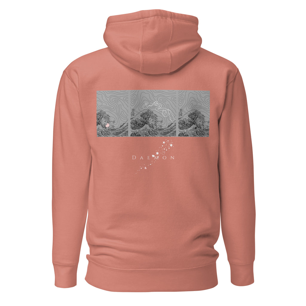 Daemon Apricot Bandit fleece hoodie in dusty rose, unisex cotton pullover with hood and relaxed fit.