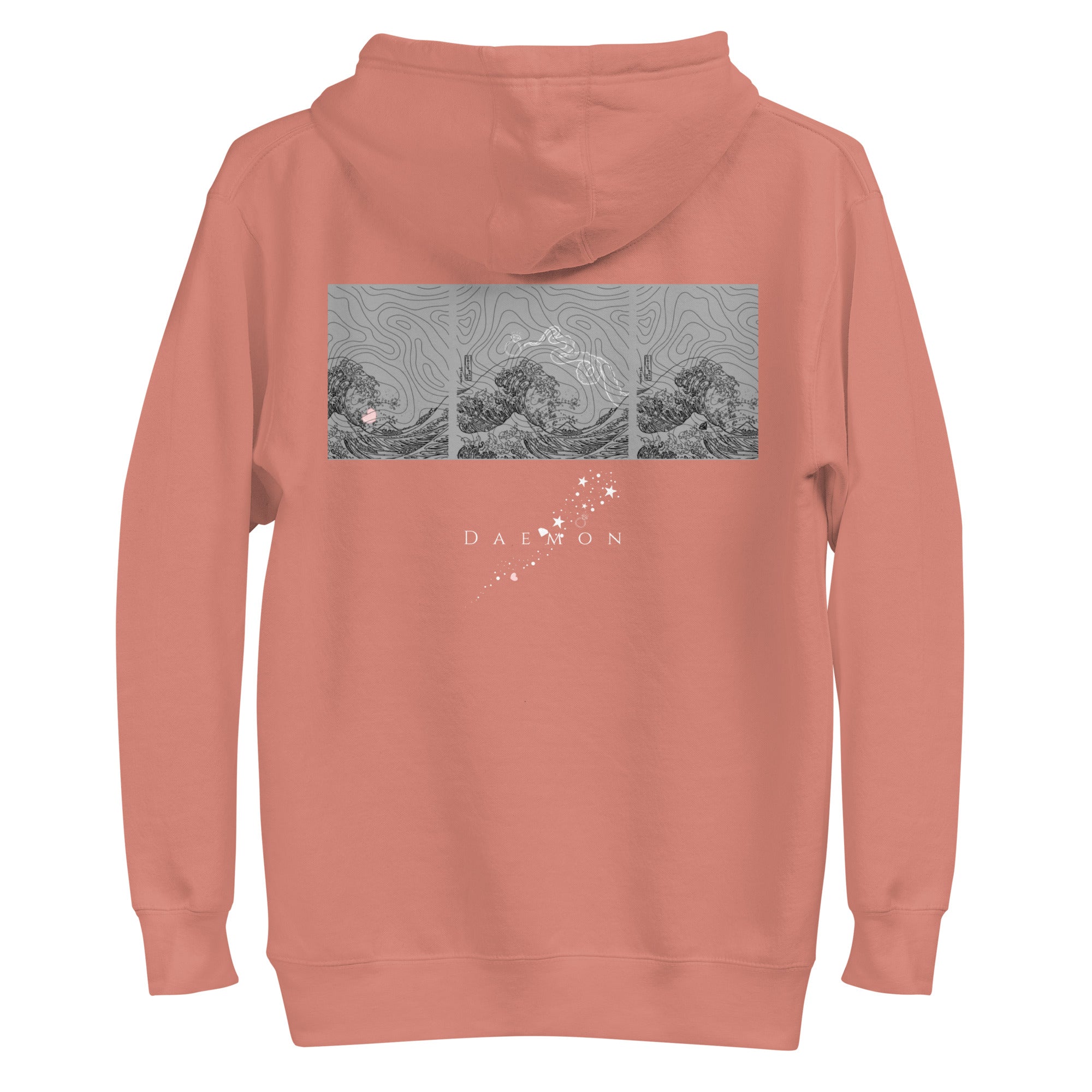 Unisex Dusty Rose cotton hoodie with apricot bandit design by Daemon, featuring a hood and relaxed fit.