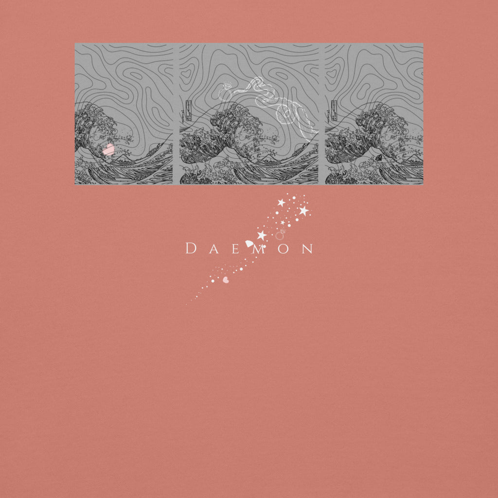 Daemon Apricot Bandit cotton hoodie with a hood and relaxed fit, shown from the back in dusty rose color.
