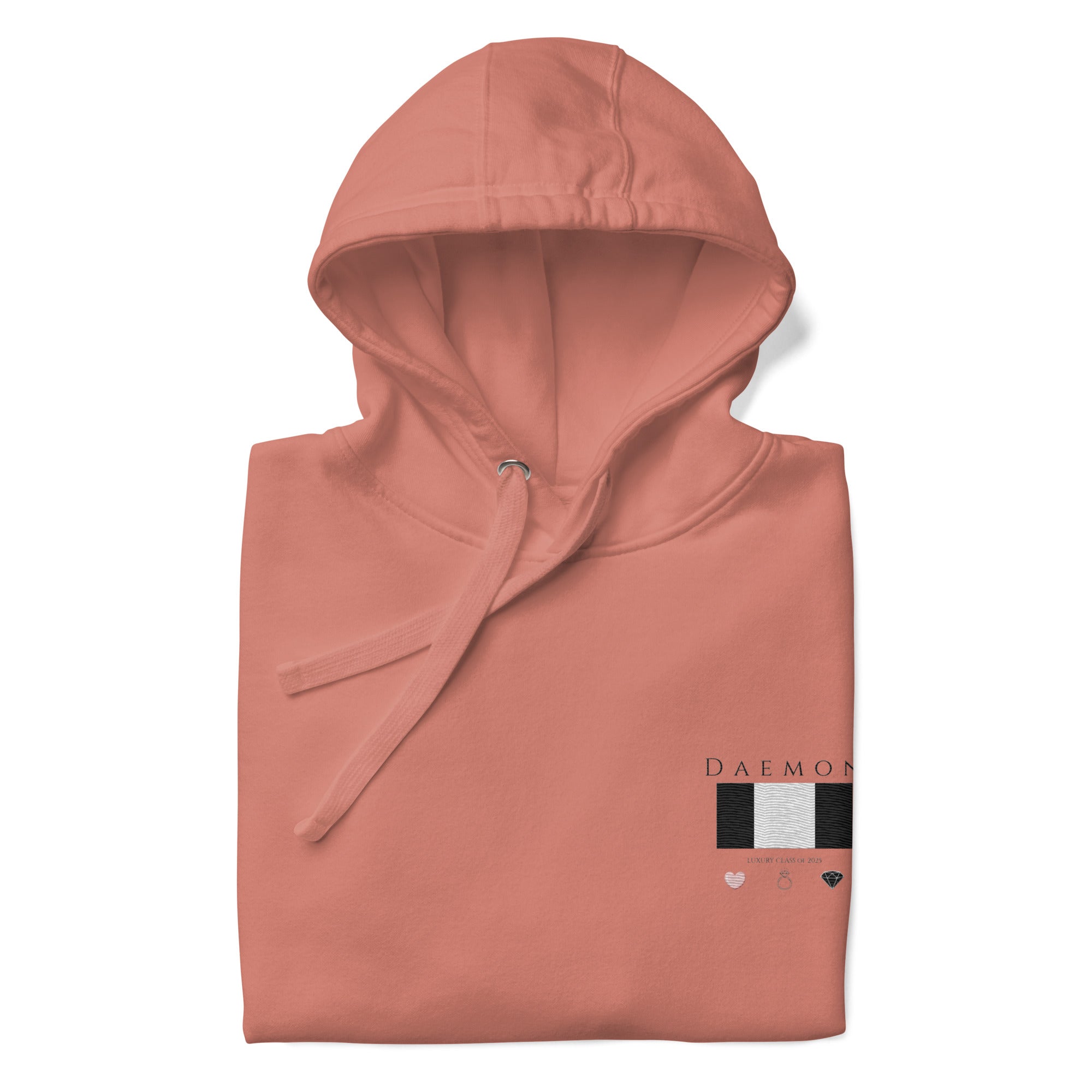 Daemon Apricot Bandit unisex cotton hoodie with hood, in dusty rose color, front view highlighting soft fabric and casual style.