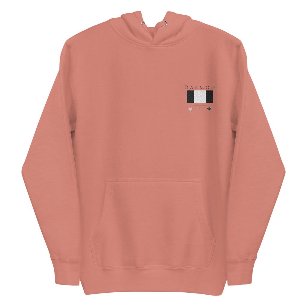 Daemon Apricot Bandit cotton hoodie with a front view in dusty rose, featuring a hood and casual unisex design.