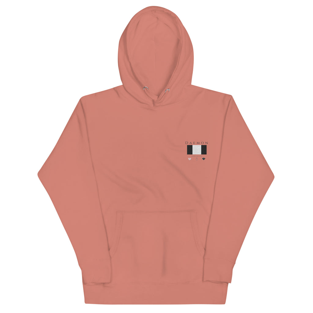 Daemon Apricot Bandit cotton hoodie with hood, front view, dusty rose color, unisex, premium casual pullover.
