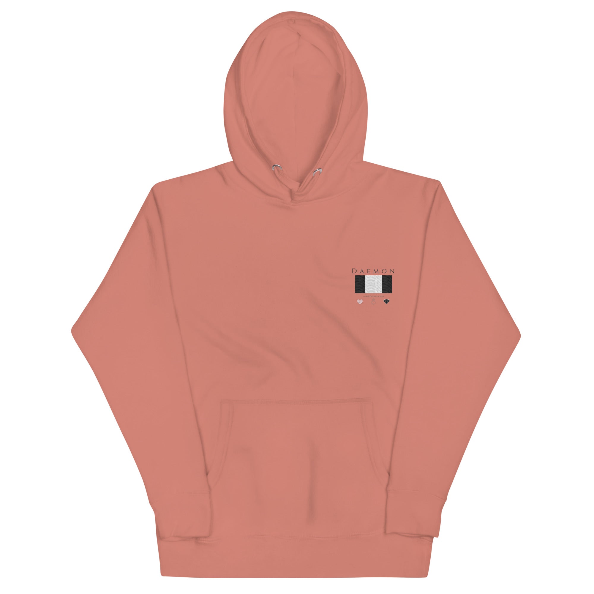 Daemon Apricot Bandit cotton hoodie with hood, front view, dusty rose color, unisex, premium casual pullover.