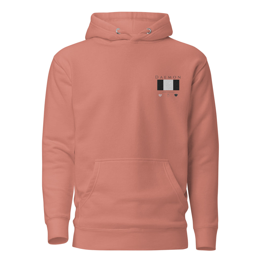 Unisex dusty rose cotton hoodie with "Apricot Bandit" logo, featuring a front view of Daemon's premium pullover with hood.