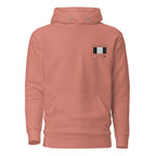 Unisex dusty rose cotton hoodie with "Apricot Bandit" logo, featuring a front view of Daemon's premium pullover with hood.