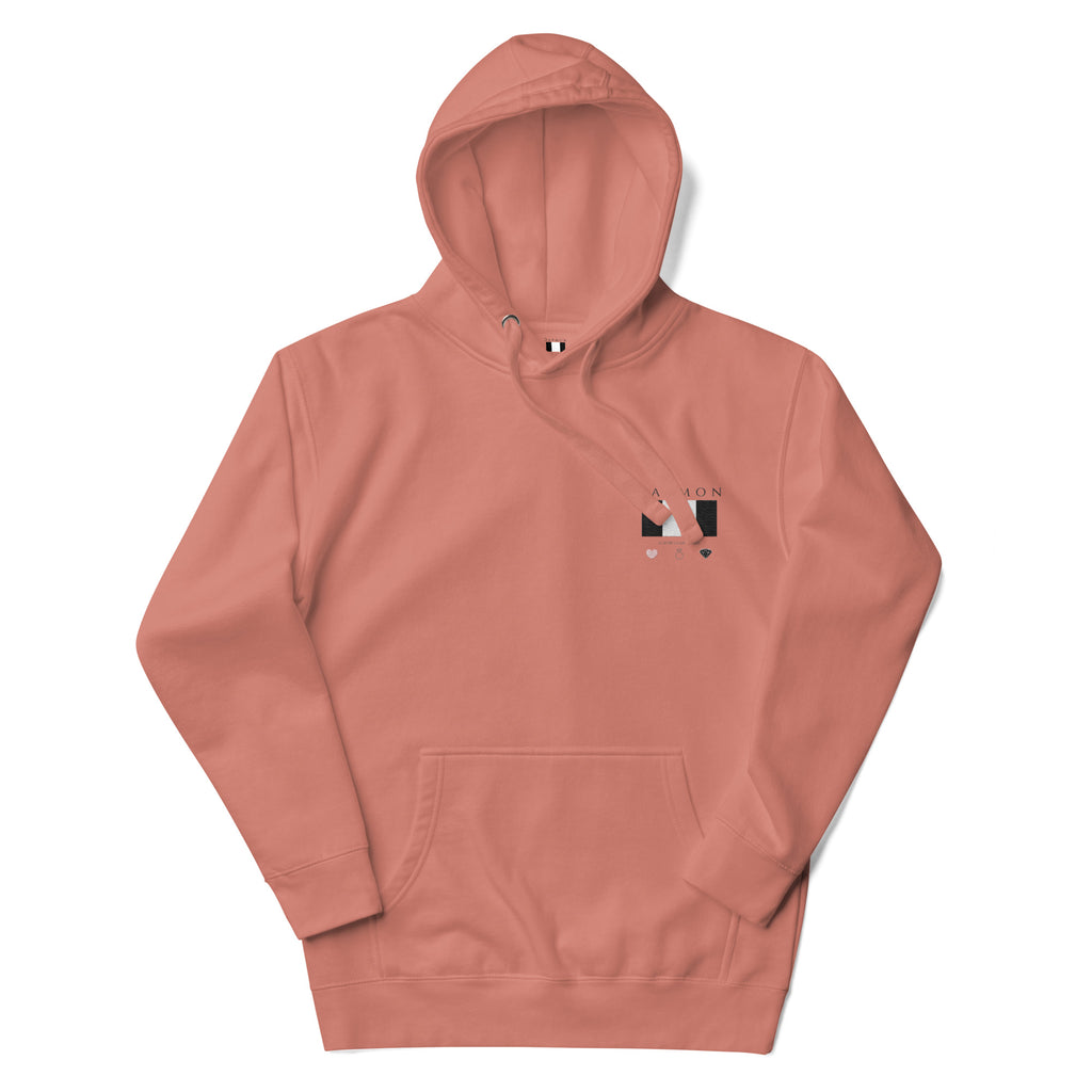 Daemon Apricot Bandit cotton hoodie with hood, front view, in dusty rose color, unisex, premium casual pullover.