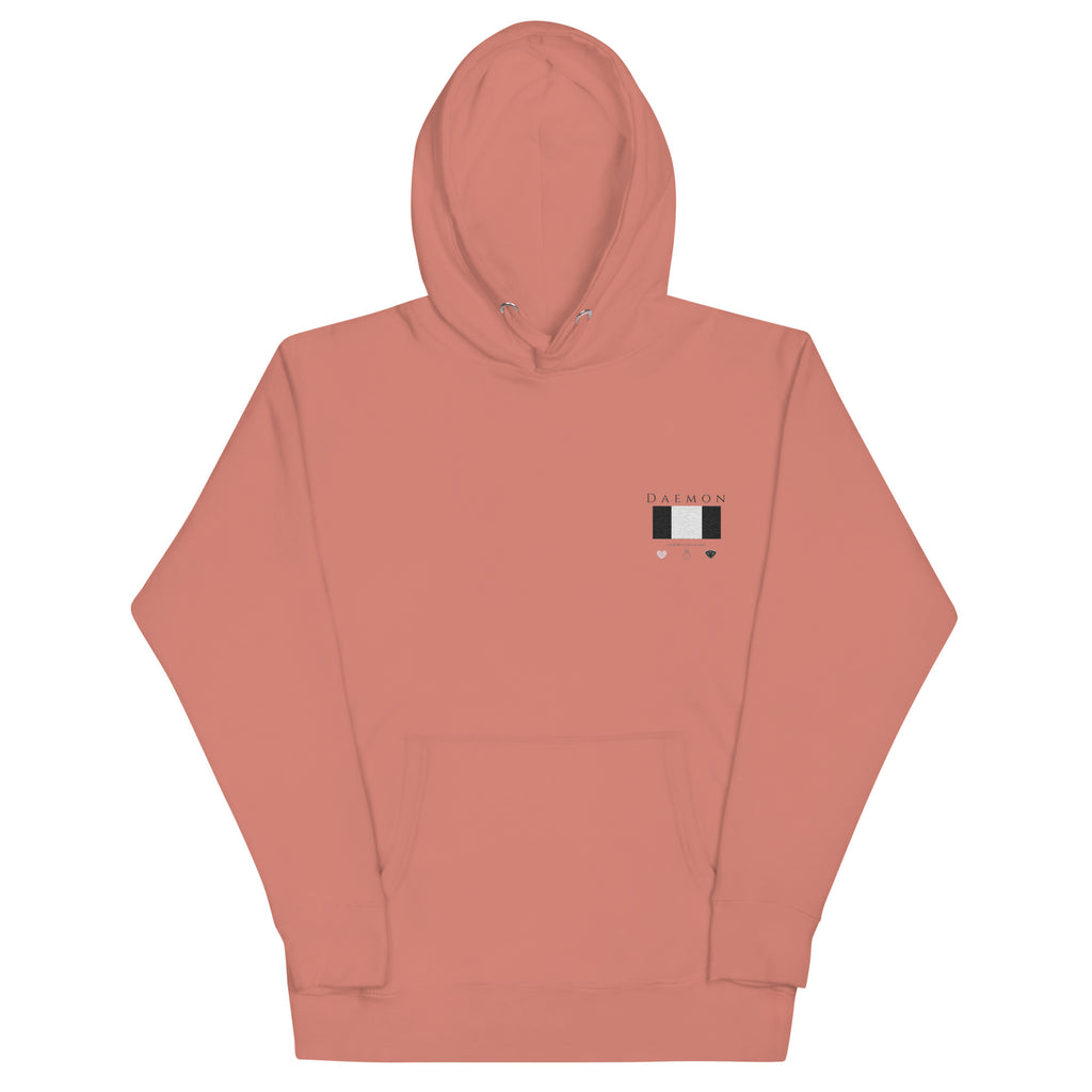 Daemon Apricot Bandit unisex cotton hoodie with hood, front view in dusty rose color, soft and comfortable casual sweatshirt.