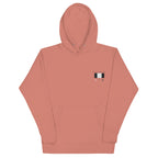 Daemon Apricot Bandit unisex cotton hoodie with hood, front view in dusty rose color, soft and comfortable casual sweatshirt.