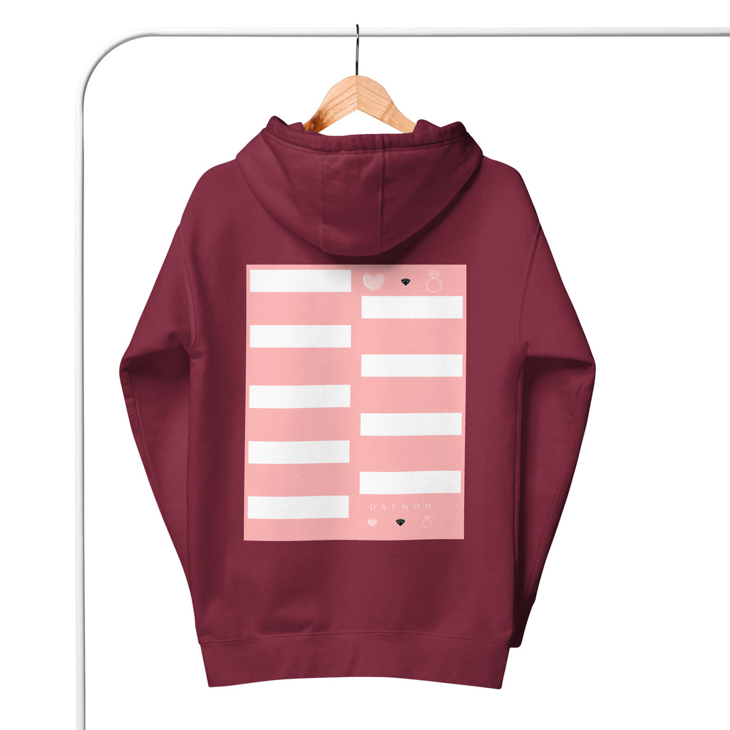 Maroon unisex luxury hoodie with "Distilled Love" logo by Daemon, featuring a cotton heritage fabric and a relaxed fit.