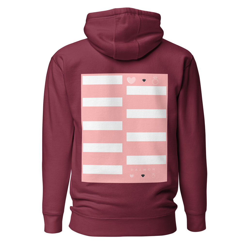 Daemon Distilled Love luxury unisex maroon cotton hoodie with back design and hood, premium casual pullover sweatshirt.