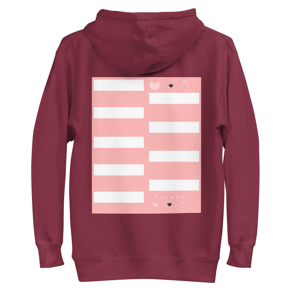Maroon unisex luxury hoodie by Daemon with a cotton heritage fabric, featuring a back view of the Distilled Love logo.