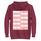 Maroon unisex luxury hoodie by Daemon with a cotton heritage fabric, featuring a back view of the Distilled Love logo.