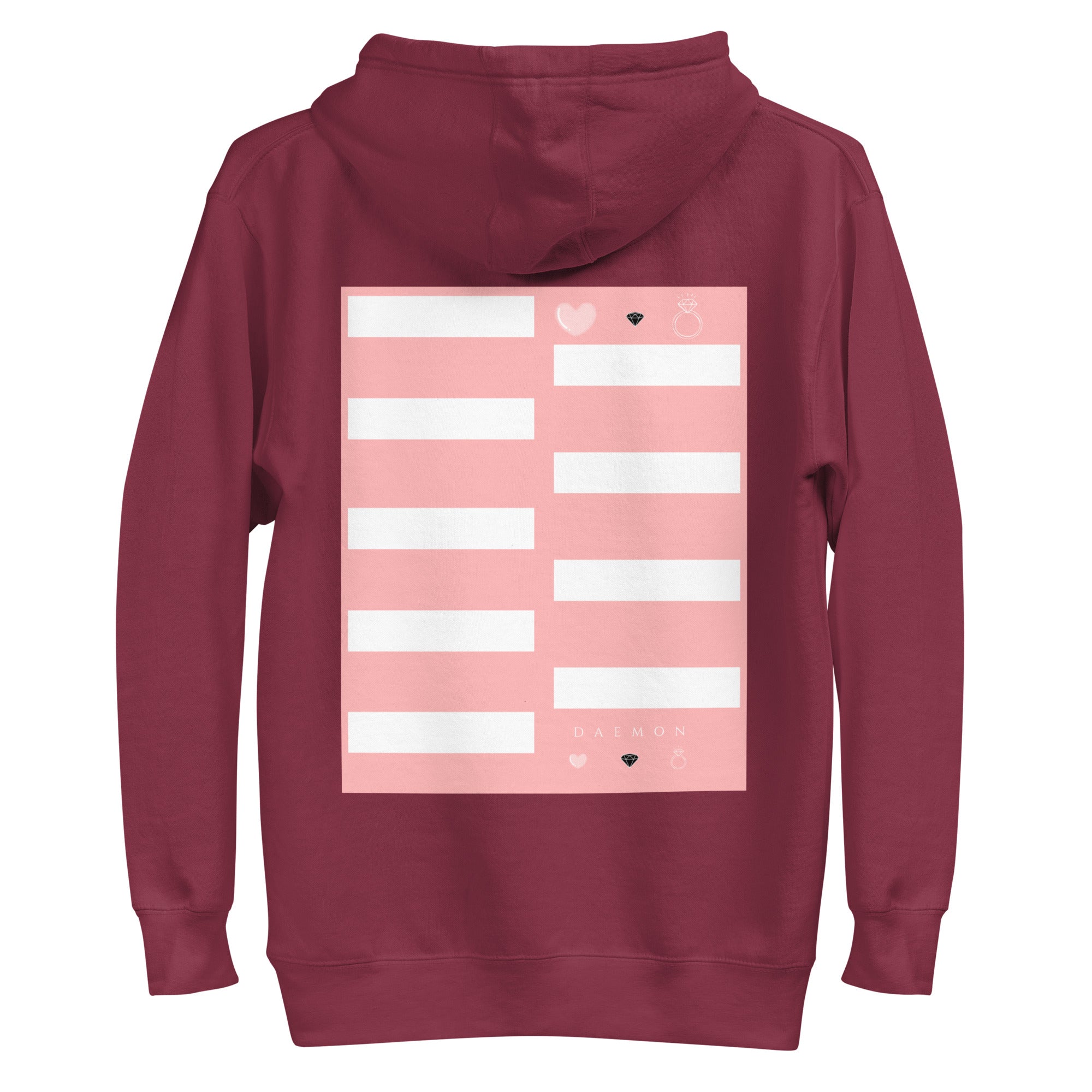 Maroon unisex luxury hoodie by Daemon with a cotton heritage fabric, featuring a back view of the Distilled Love logo.