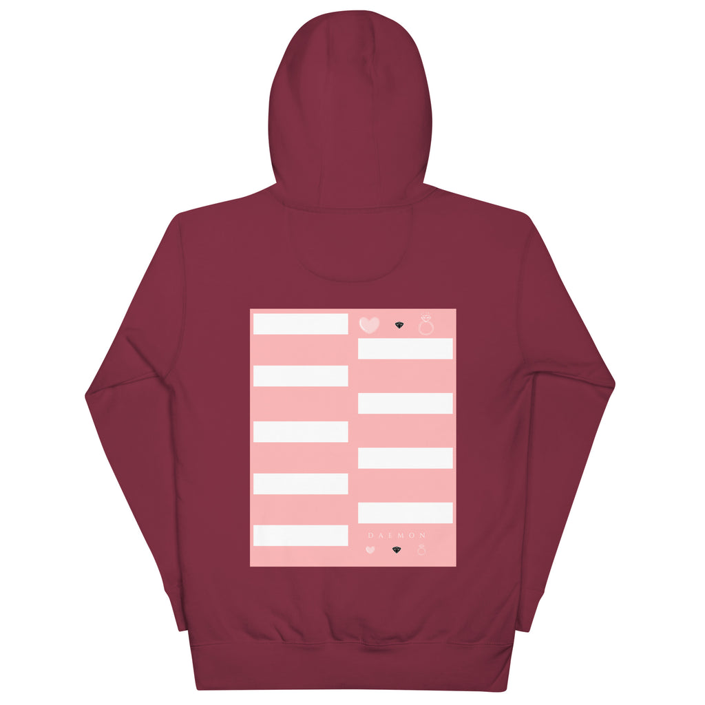Maroon unisex cotton hoodie from Daemon's Distilled Love Luxury collection, featuring a comfortable pullover design and premium fabric.