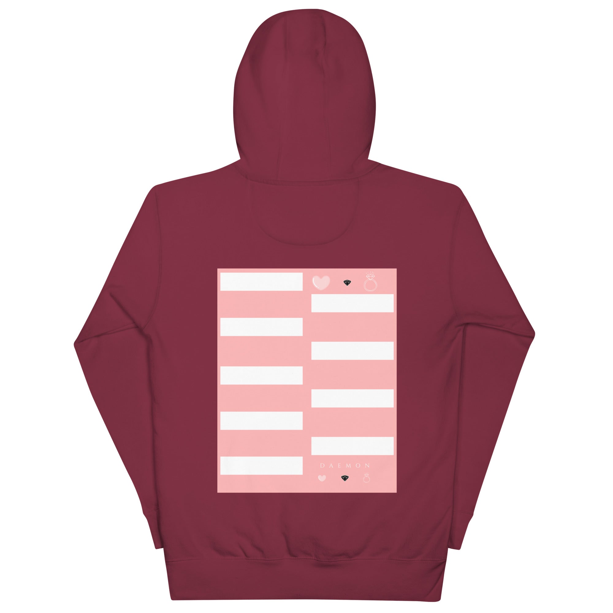 Maroon unisex cotton hoodie from Daemon's Distilled Love Luxury collection, featuring a comfortable pullover design and premium fabric.