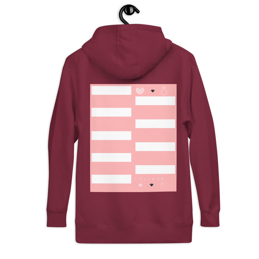 Maroon unisex cotton hoodie from Daemon's Distilled Love Luxury collection, featuring a soft, premium hoodie with a branded back design.