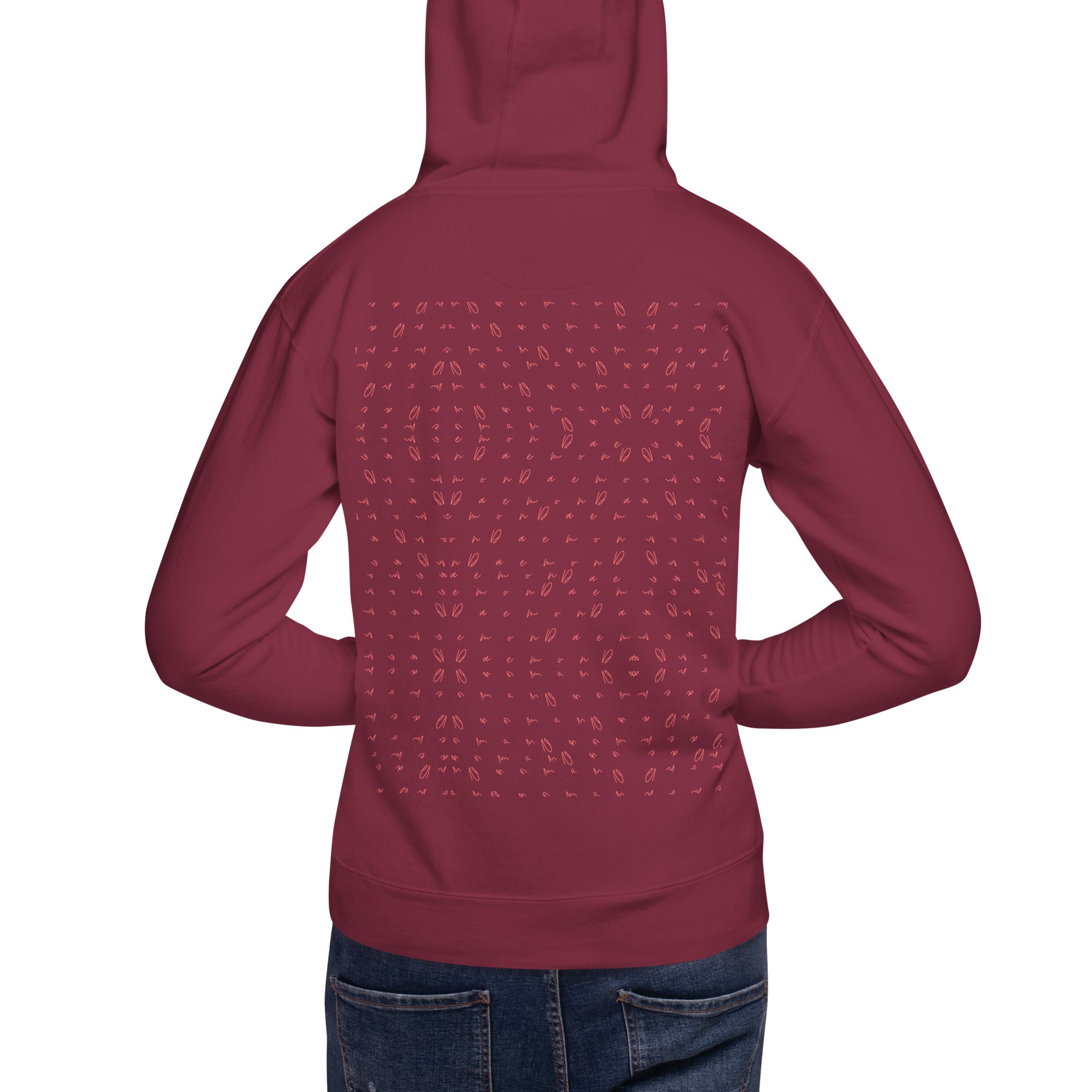 Daemon Luxury SUPREME MODELS Picasso Stitches maroon unisex hoodie with cotton heritage fabric and back design.
