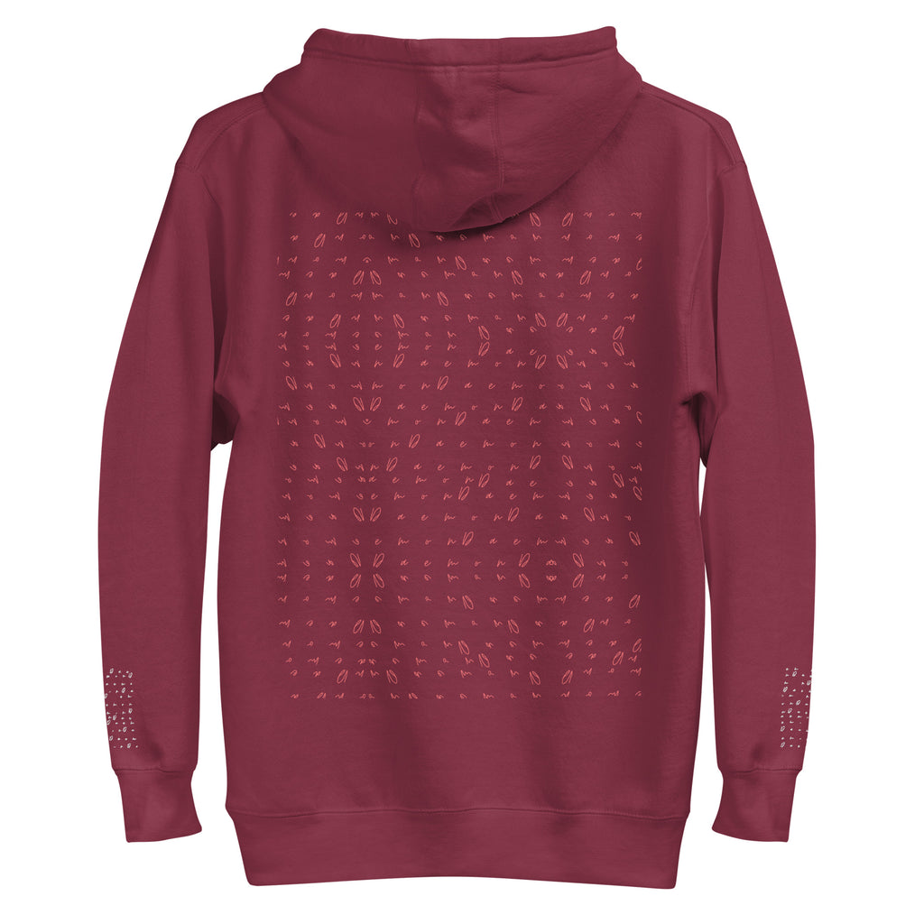 Daemon Luxury Supreme Models Picasso Stitches maroon unisex cotton hoodie with front logo and back design.