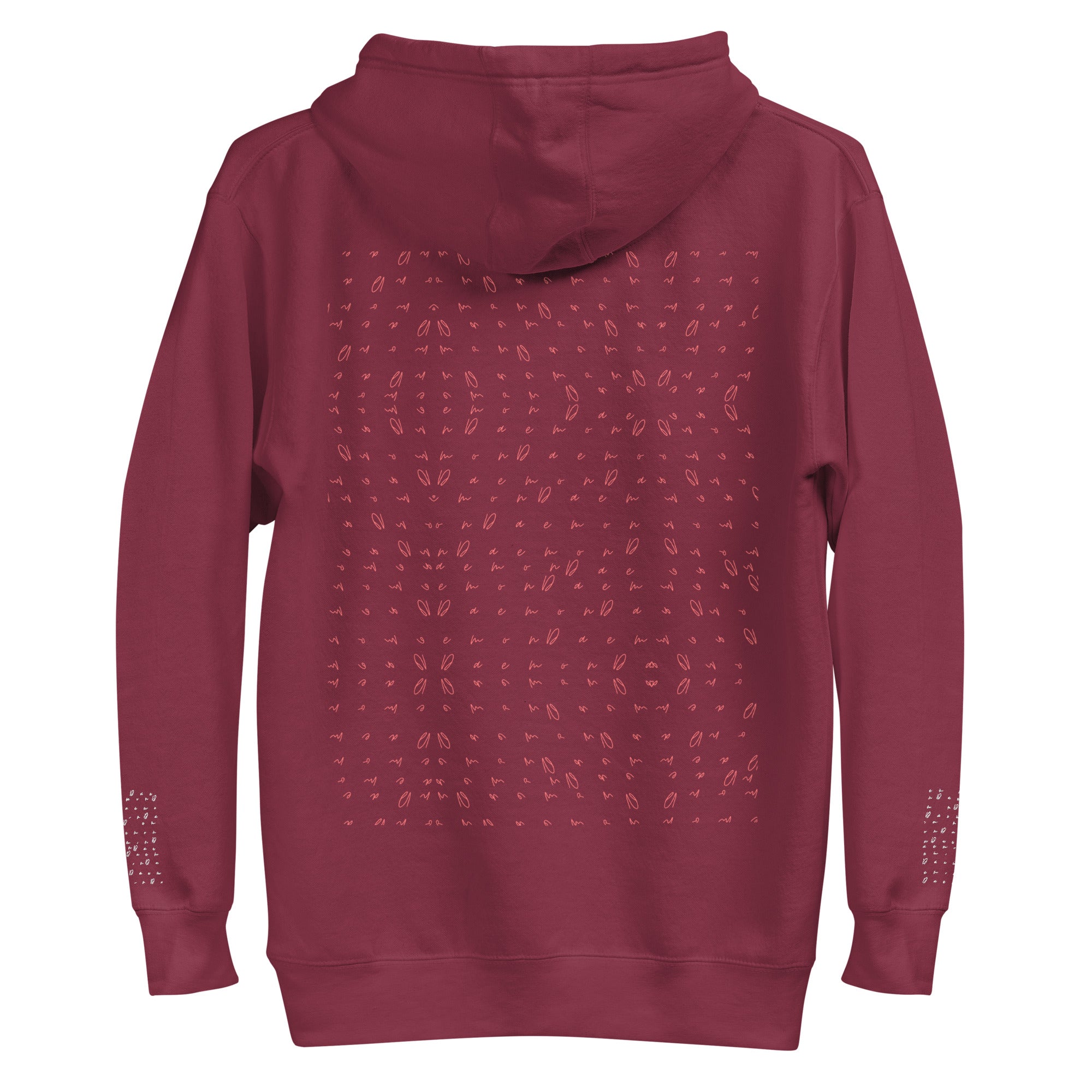 Daemon Luxury Supreme Models Picasso Stitches maroon unisex cotton hoodie with front logo and back design.