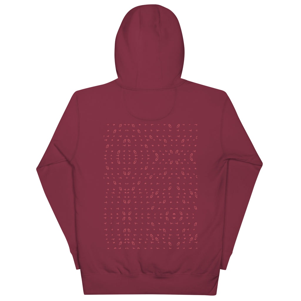 Maroon unisex cotton hoodie with Supreme Models Picasso Stitches design by Daemon Luxury, featuring a back view and hood.