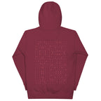 Maroon unisex cotton hoodie with Supreme Models Picasso Stitches design by Daemon Luxury, featuring a back view and hood.