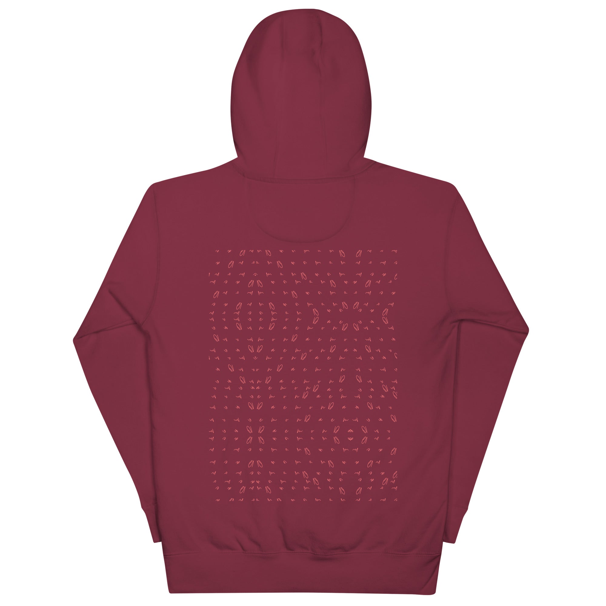 Maroon unisex cotton hoodie with Supreme Models Picasso Stitches design by Daemon Luxury, featuring a back view and hood.