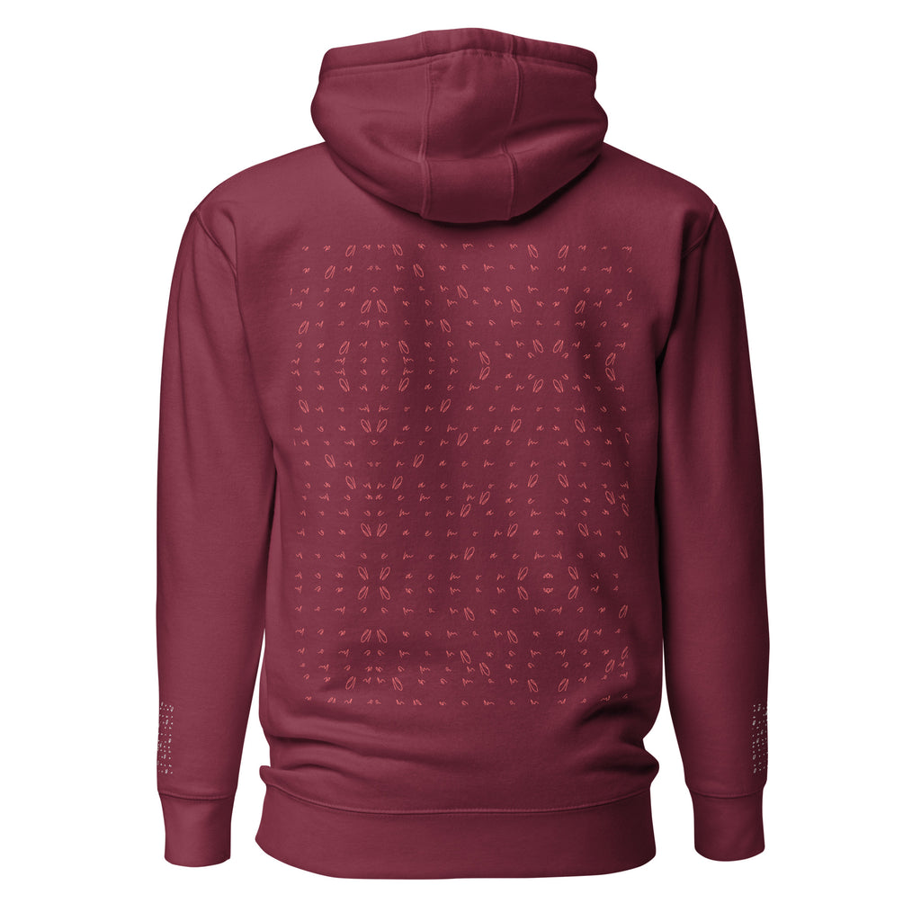 Daemon Luxury Supreme Models Picasso Stitches maroon unisex hoodie with front pocket and hood, made from premium cotton heritage fabric.