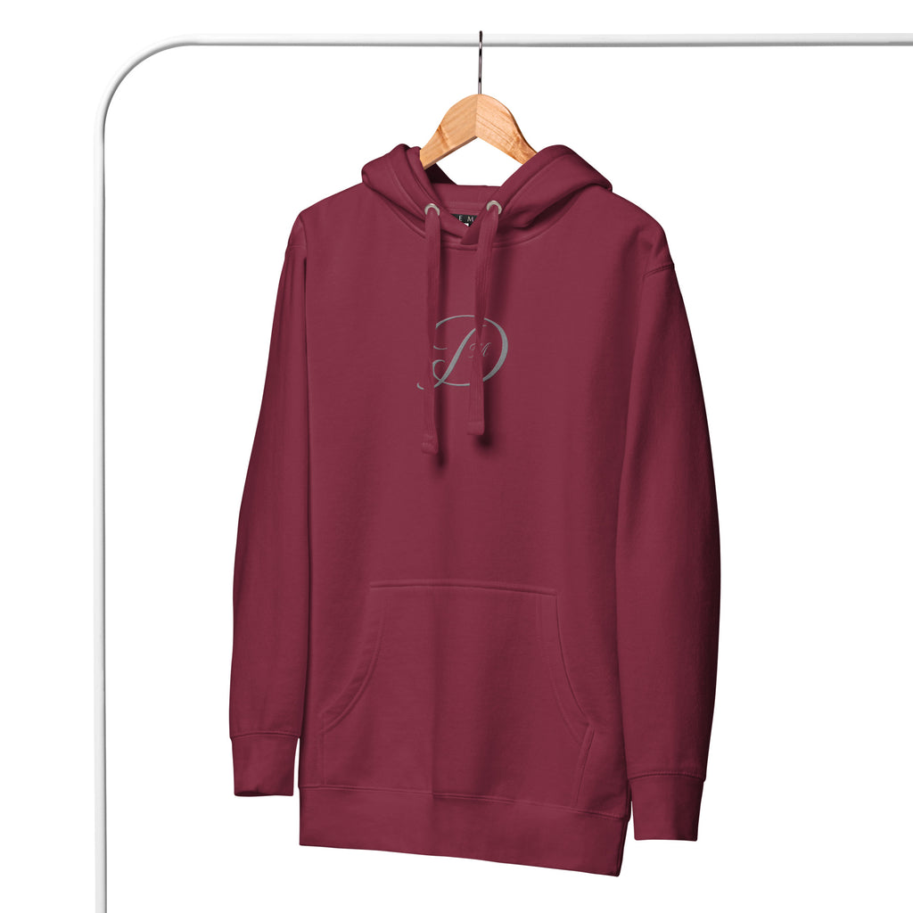 Maroon Daemon Distilled Love Luxury hoodie with front design, unisex cotton blend, casual style, and comfortable fit.