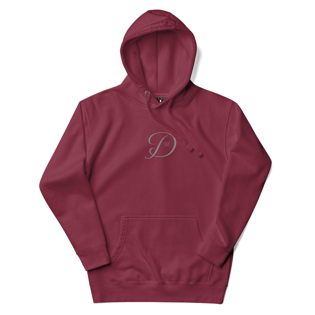 Maroon unisex luxury hoodie with a cotton heritage fabric and front design, by Daemon under the Distilled Love collection.