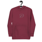 Maroon unisex luxury hoodie by Daemon featuring a front logo and premium cotton heritage fabric.