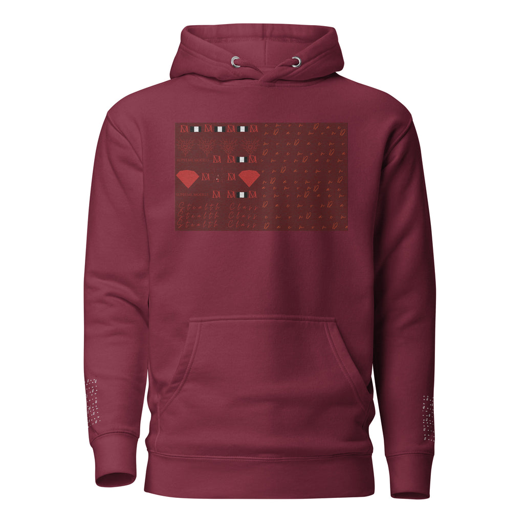 Maroon Supreme Models Picasso Stitches hoodie by Daemon Luxury, unisex cotton pullover with front design.