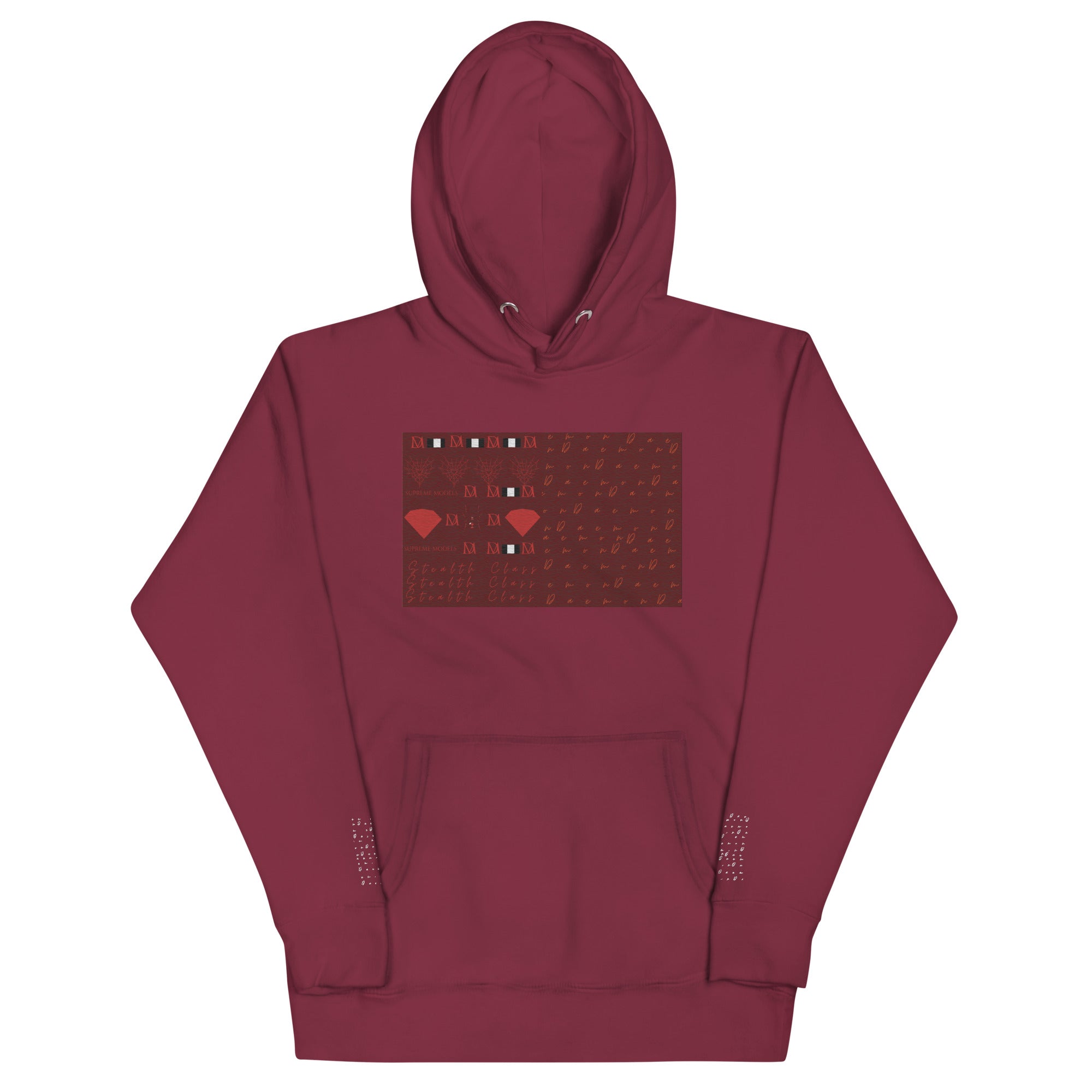 Daemon Luxury Supreme Models Picasso Stitches maroon unisex cotton hoodie with front design and hooded style.