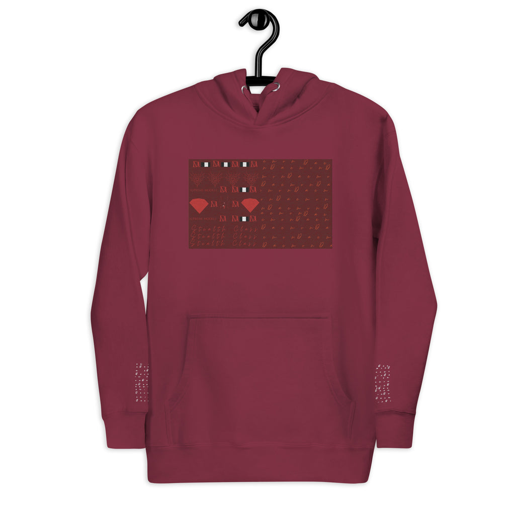 Daemon Luxury Supreme Models Picasso Stitches maroon unisex cotton hoodie with front design and hooded collar.