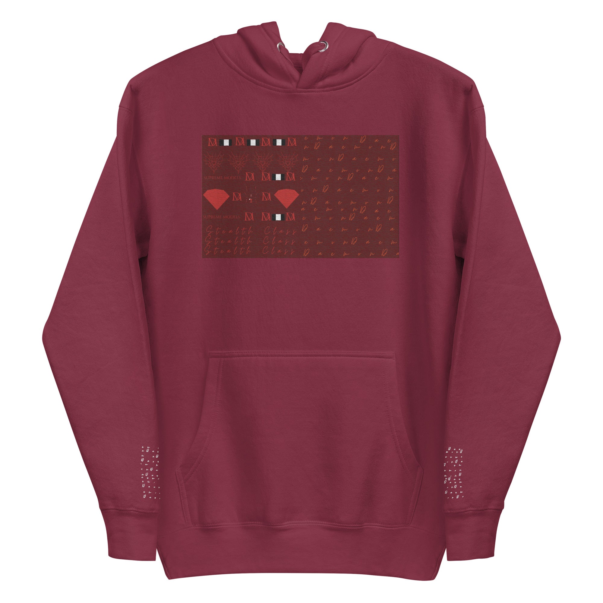 Daemon Luxury Supreme Models Picasso Stitches maroon unisex cotton hoodie with front design and pullover style.
