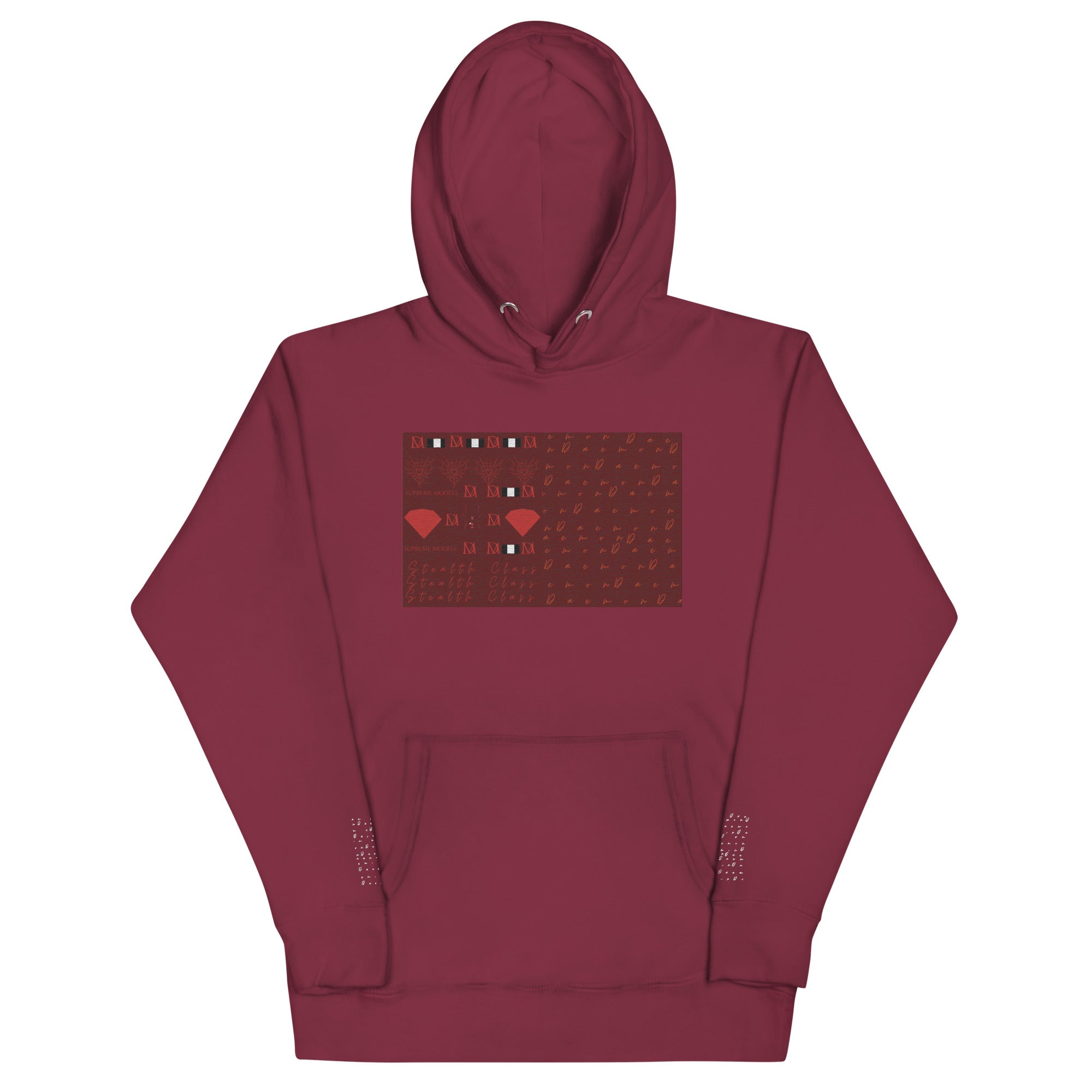 Daemon Luxury Supreme Models Picasso Stitches maroon unisex cotton hoodie with front design and hooded collar.