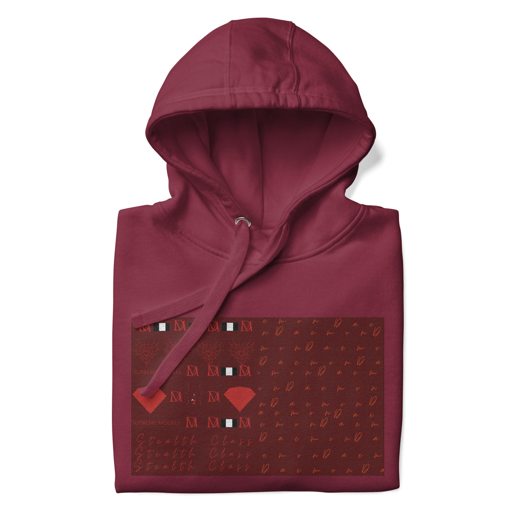 Maroon Supreme Models Picasso Stitches hoodie by Daemon Luxury, unisex cotton pullover with front design and comfortable hood.