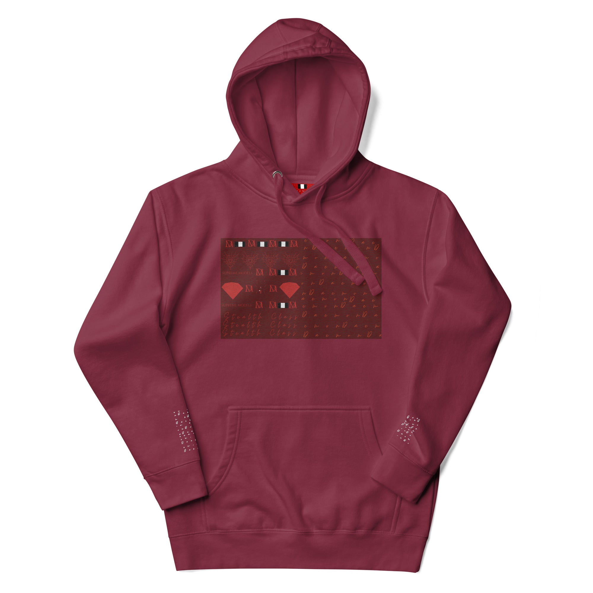 Daemon Luxury Supreme Models Picasso Stitches maroon unisex cotton hoodie with front design and hooded collar.