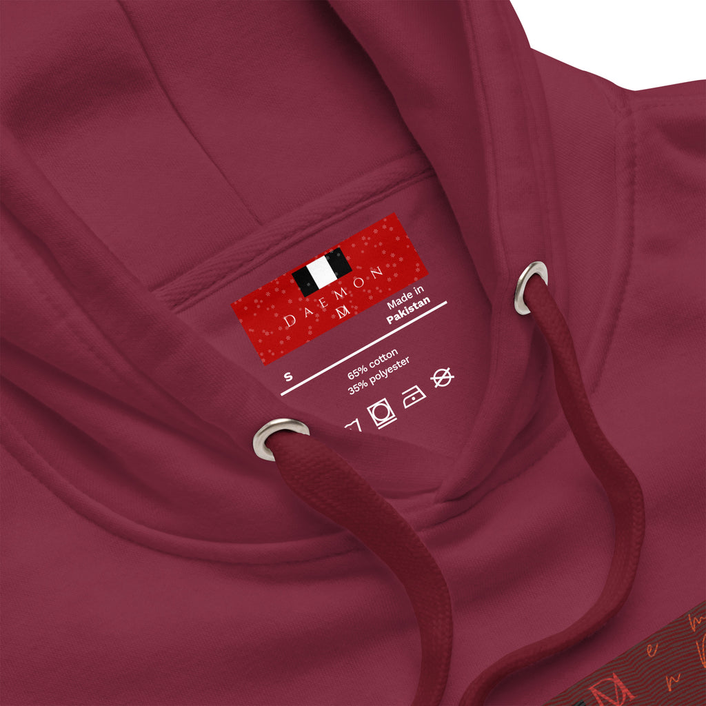 Maroon Supreme Models Picasso Stitches hoodie by Daemon Luxury, unisex cotton pullover with design details and a cozy hood.