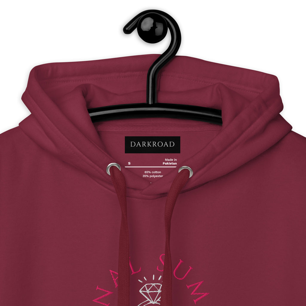 Maroon Daemon Bond Approach unisex hoodie with hood and cotton heritage fabric, close-up view of the premium pullover sweatshirt.