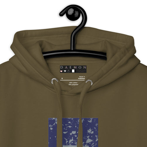 Unisex military green hoodie from Daemon's Autumn Dim MILITANT collection, featuring a cotton heritage fabric and hooded design.