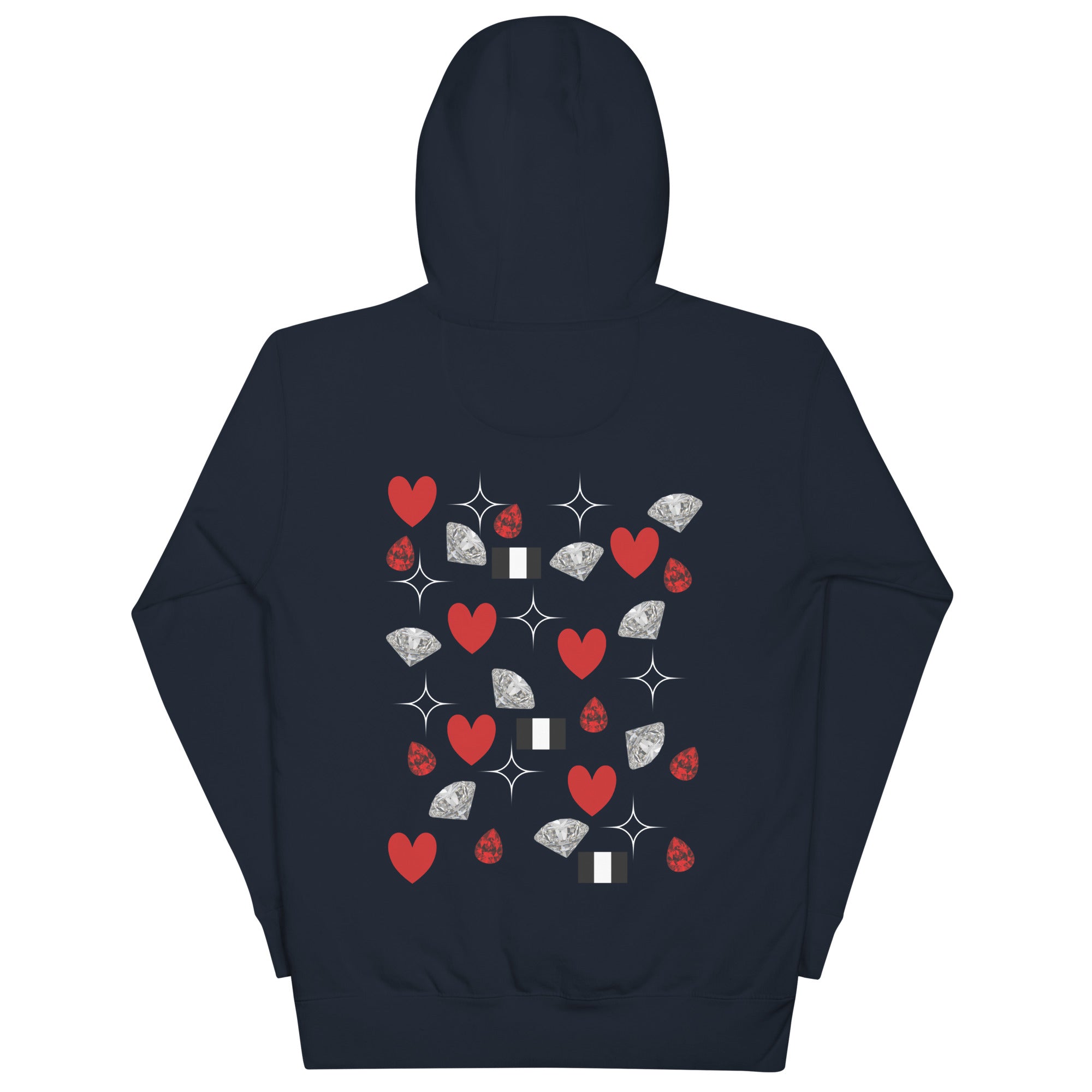 Daemon Eternal Stones unisex navy blazer cotton hoodie with a front pocket and hood, featuring a stylish design on the back.