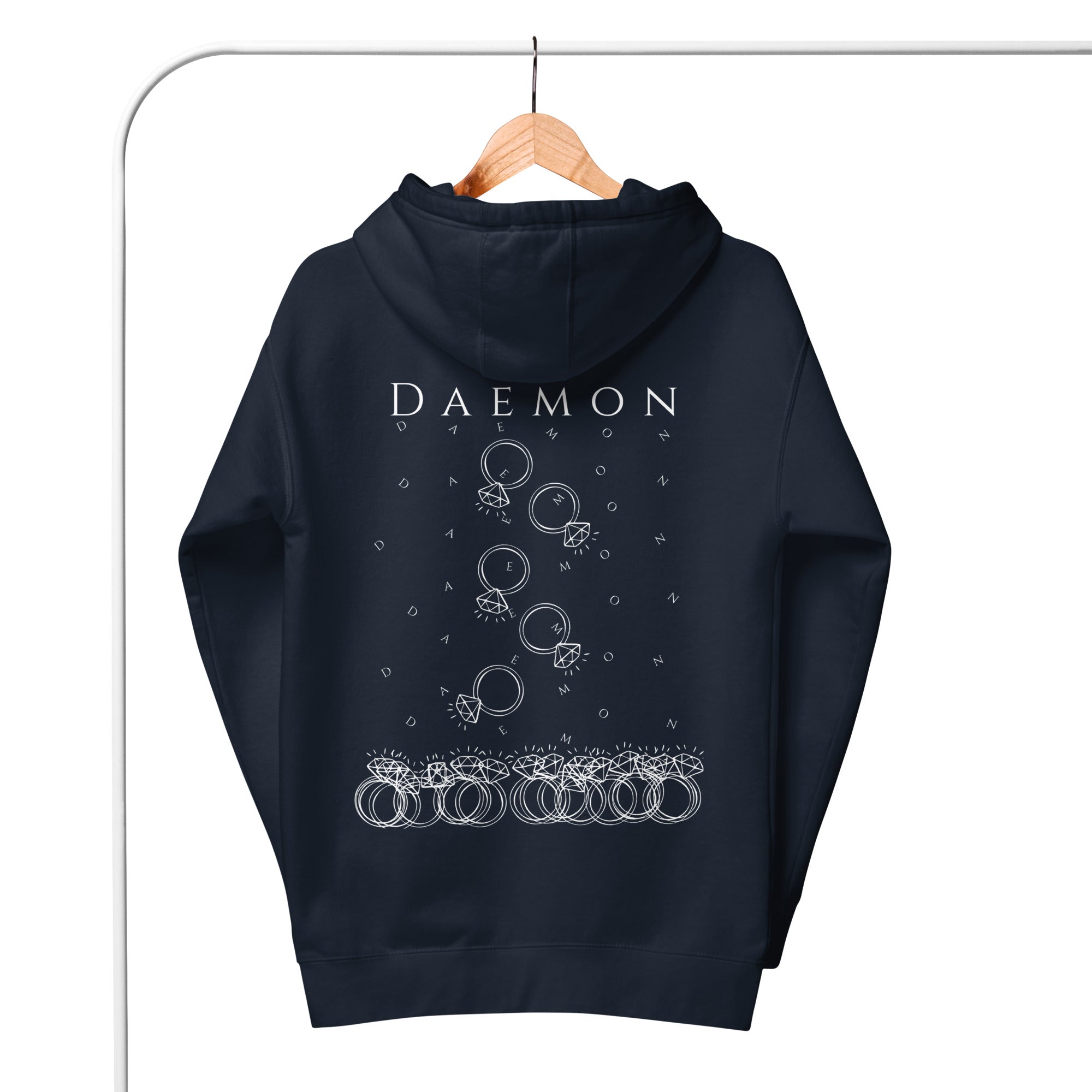 Daemon Rings of Transition cotton heritage hoodie in navy blazer, unisex pullover with hood and stylish design.