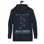 Daemon Rings of Transition cotton hoodie with navy blazer design, featuring a comfortable unisex fit and stylish hood.