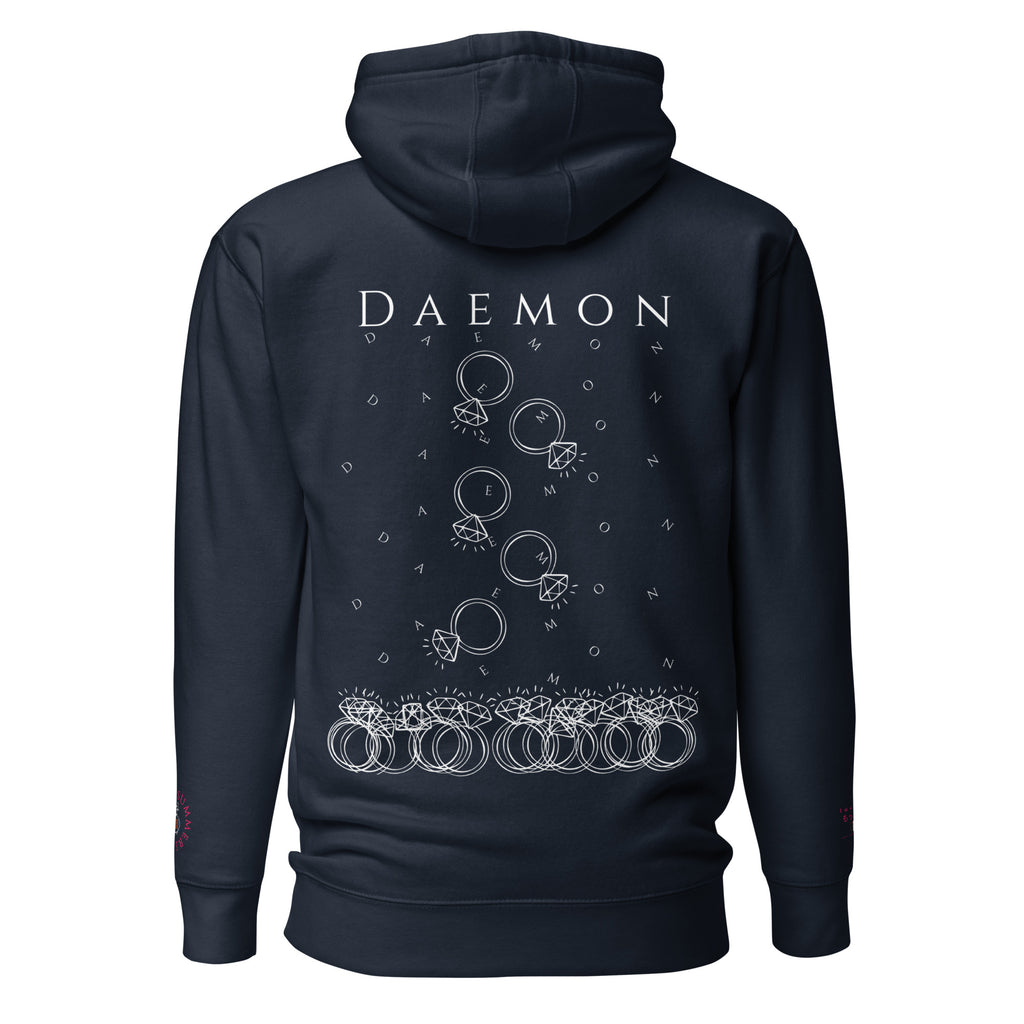 Daemon Rings of Transition cotton hoodie with a navy blazer design, featuring a hood and unisex fit.