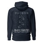 Daemon Rings of Transition cotton hoodie with a navy blazer design, featuring a hood and unisex fit.