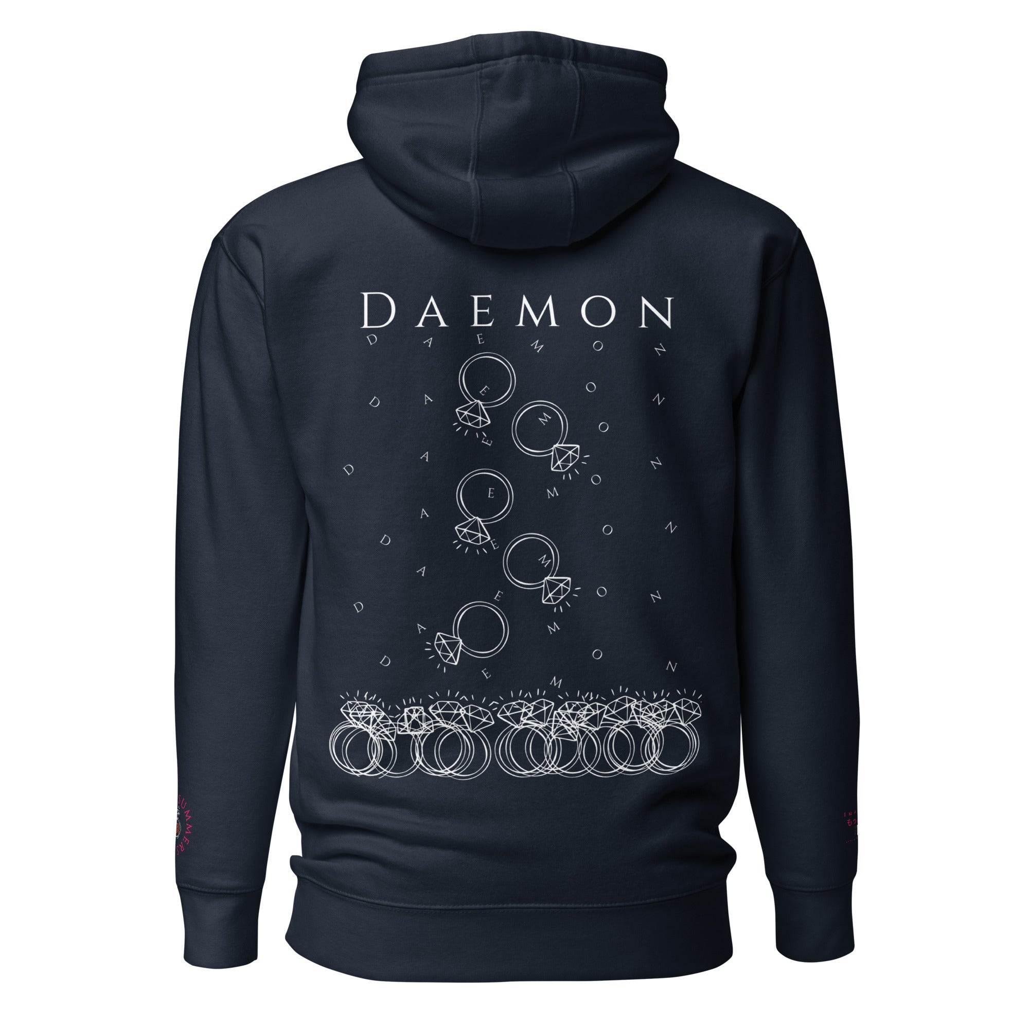 Daemon Rings of Transition cotton hoodie with a navy blazer design, featuring a hood and unisex fit.