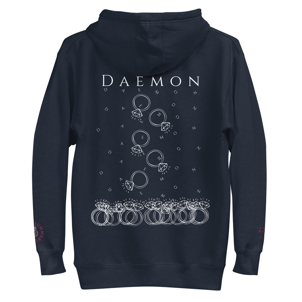 Daemon Rings of Transition cotton hoodie with navy blazer design, featuring a hood and unisex premium cotton fabric.